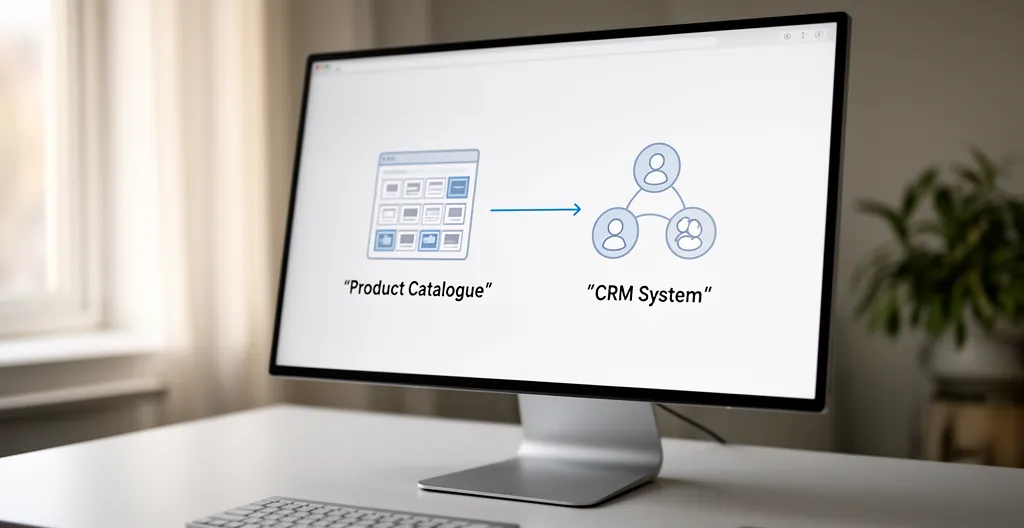 Computer monitor displaying data integration workflow connecting product database and CRM icons