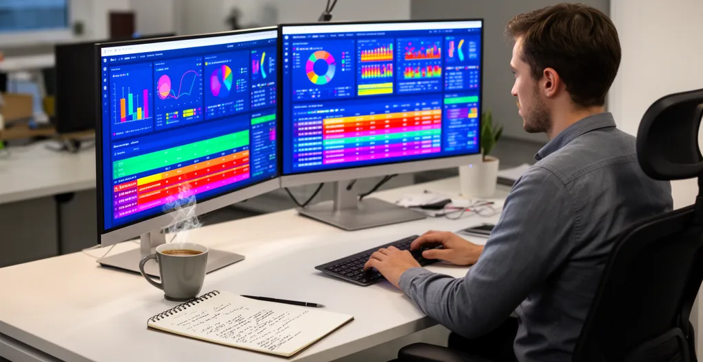 Operations professional working at desk with dual monitors showing different dashboard interfaces