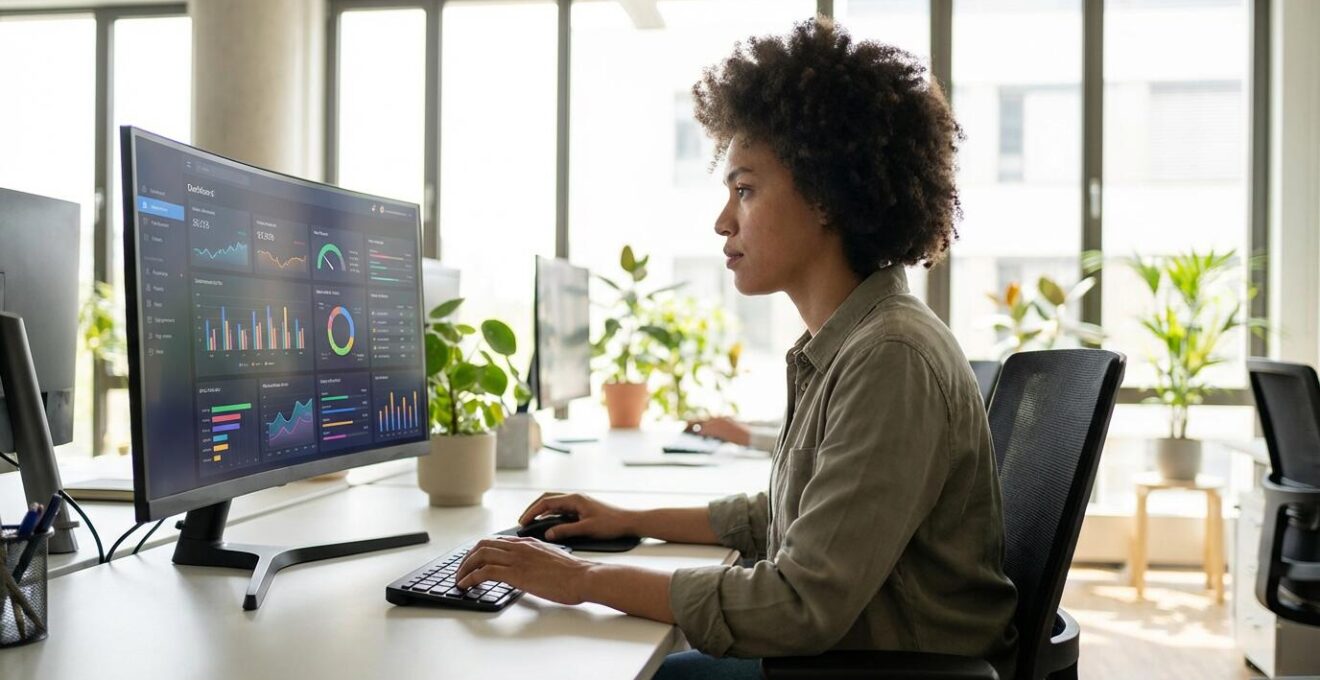 Revenue operations professional reviewing sales compensation dashboard in modern office