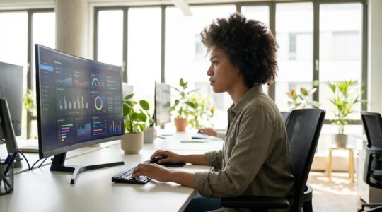 Revenue operations professional reviewing sales compensation dashboard in modern office