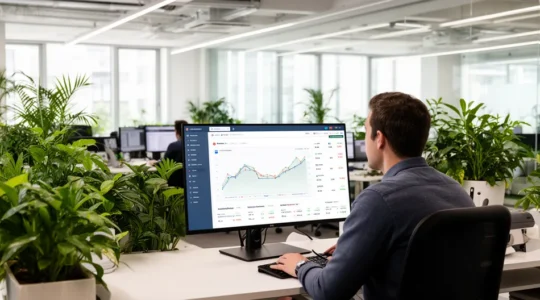 Revenue operations professional reviewing commission data on widescreen monitor in modern office