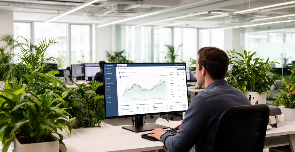 Revenue operations professional reviewing commission data on widescreen monitor in modern office