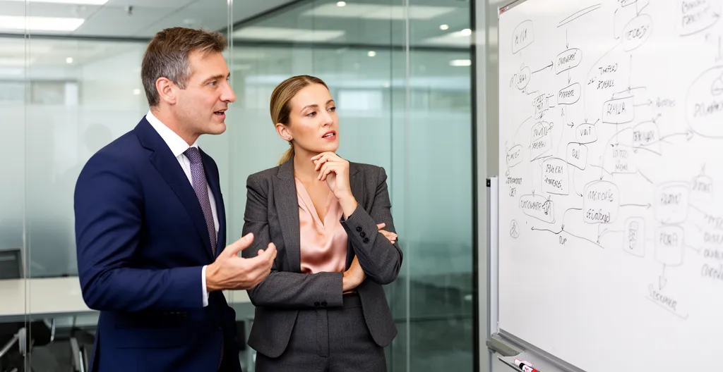 Two business professionals standing side by side discussing workflow diagram on whiteboard