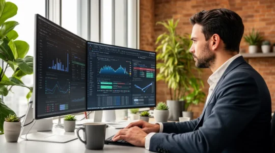 Sales operations professional analysing dashboard data on dual monitors in modern office