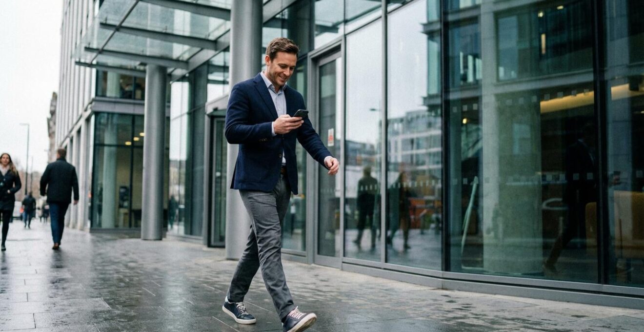 Sales representative checking commission earnings on smartphone while walking outdoors