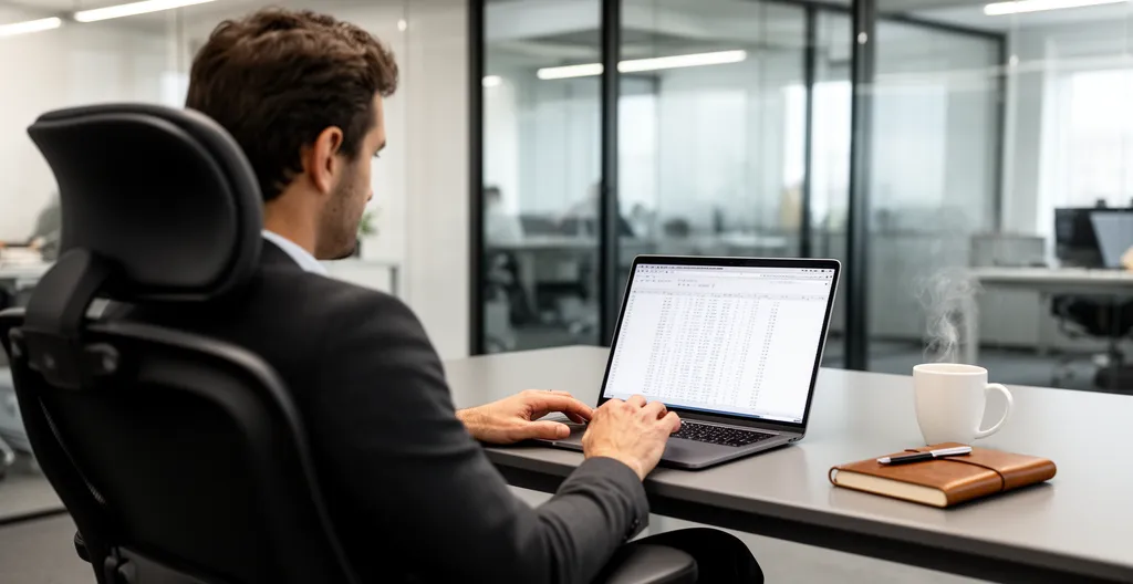 Sales professional leaning back reviewing laptop data in modern office