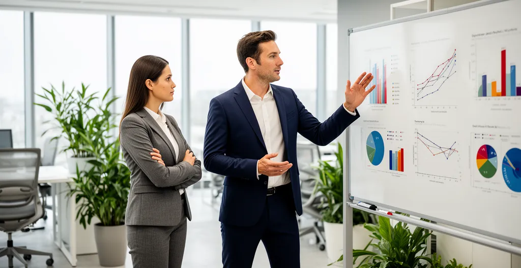 Two business professionals discussing performance data at whiteboard in modern office