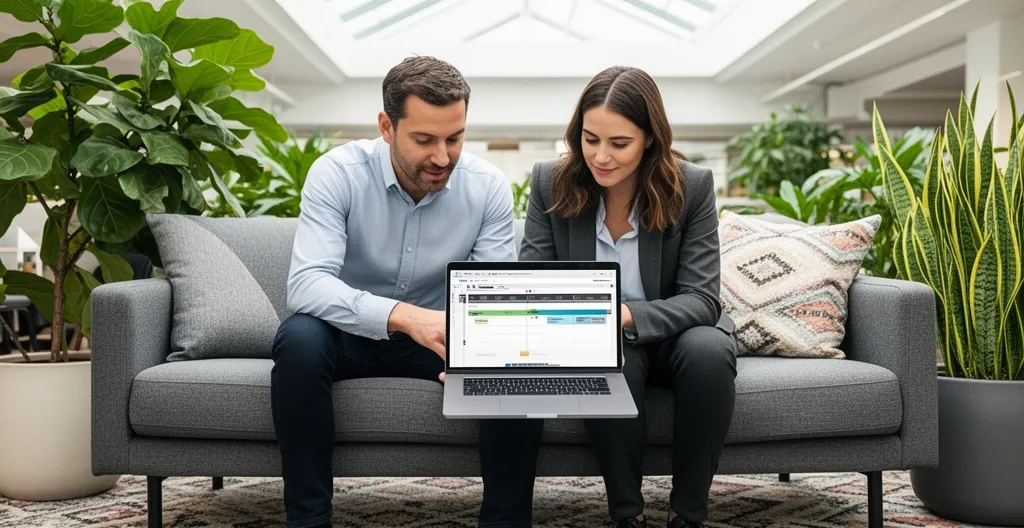 Two colleagues seated on office sofa reviewing project timeline on laptop screen