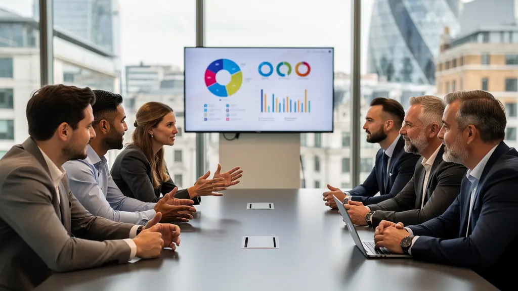 RevOps team discussing sales compensation strategy in modern UK office environment