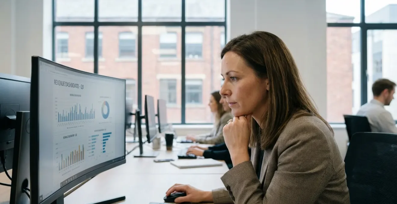 RevOps professional analysing real-time revenue data on dashboard in modern UK office