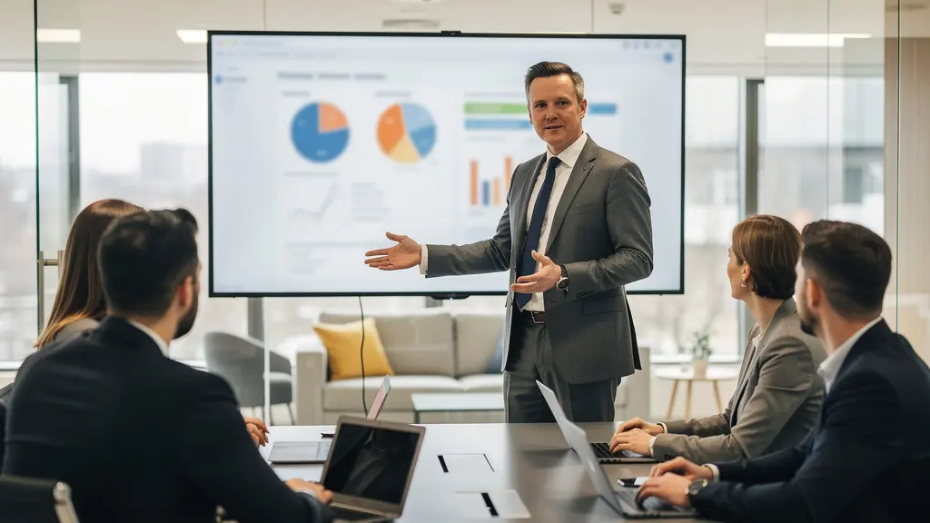 RevOps professional presenting strategic compensation approach to engaged colleagues in UK office