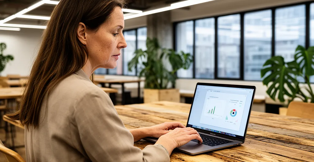 Marketing manager reviewing campaign analytics on laptop in co-working space