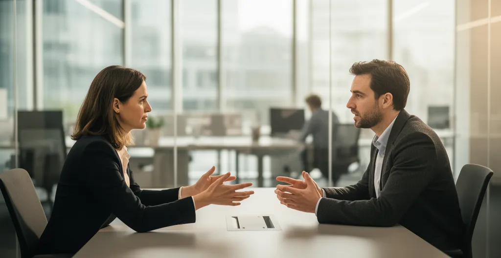 Marketing and finance professionals in collaborative meeting discussion