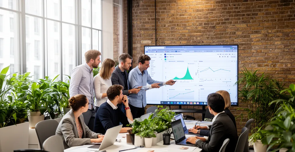 Marketing professionals reviewing performance metrics in modern UK office environment