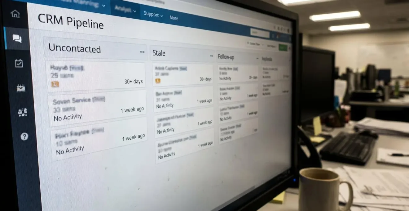 CRM dashboard showing sales pipeline with multiple uncontacted marketing leads marked as stale or overdue