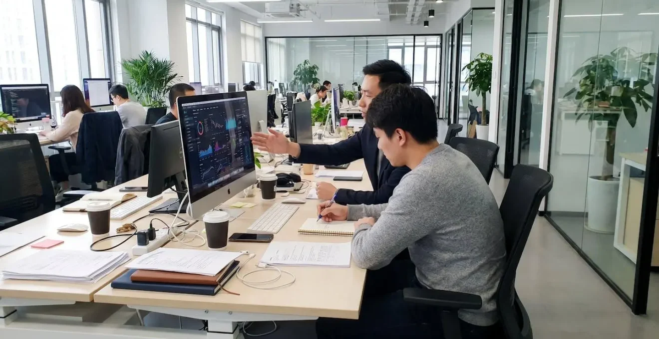 Two business professionals collaborating while reviewing performance metrics on a computer monitor in a modern office