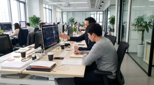 Two business professionals collaborating while reviewing performance metrics on a computer monitor in a modern office