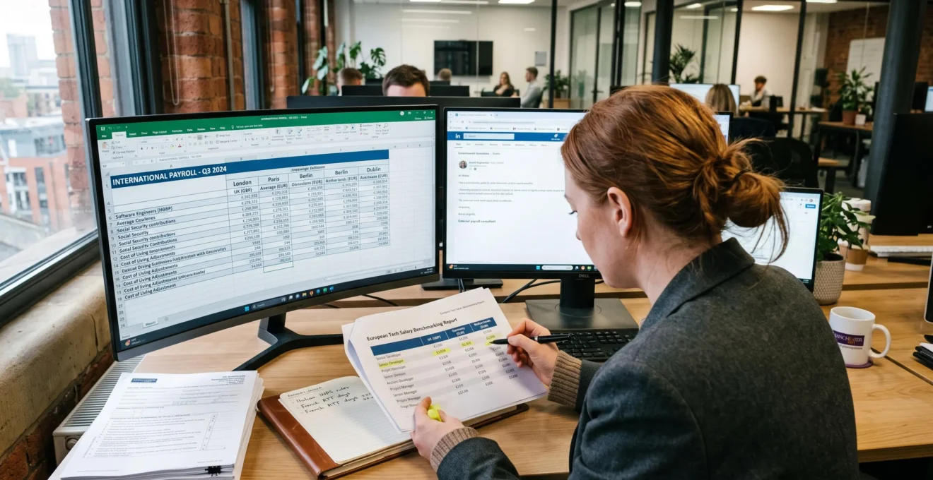 A recruitment specialist comparing international payroll data across multiple documents at their desk in a British office