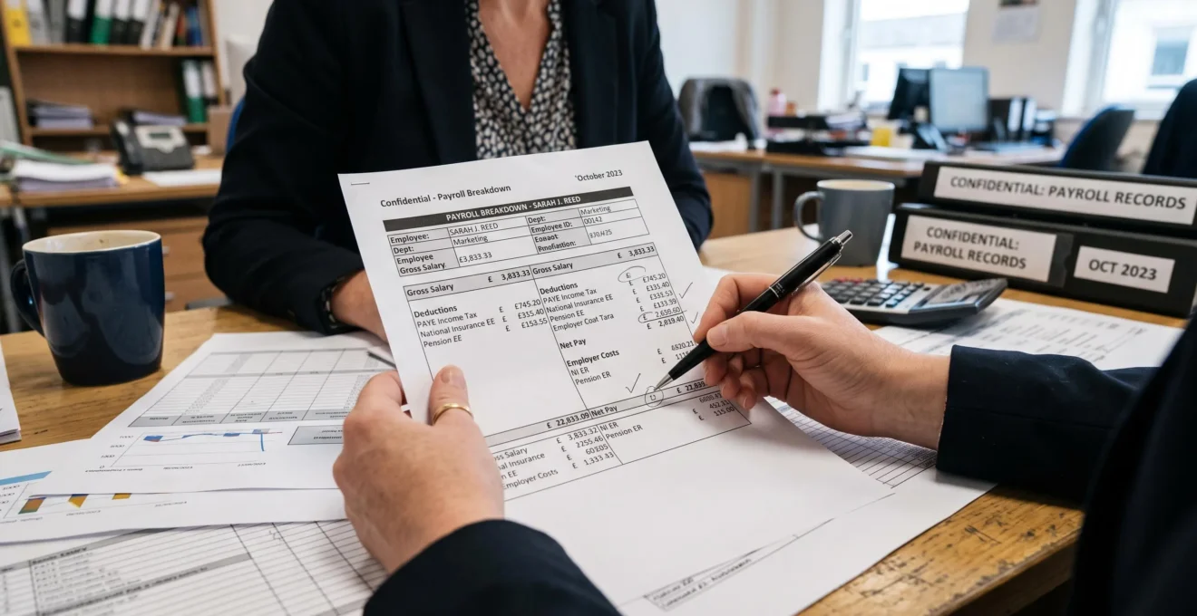 HR professional's hands reviewing printed payroll breakdown documents showing detailed salary calculations on an office desk