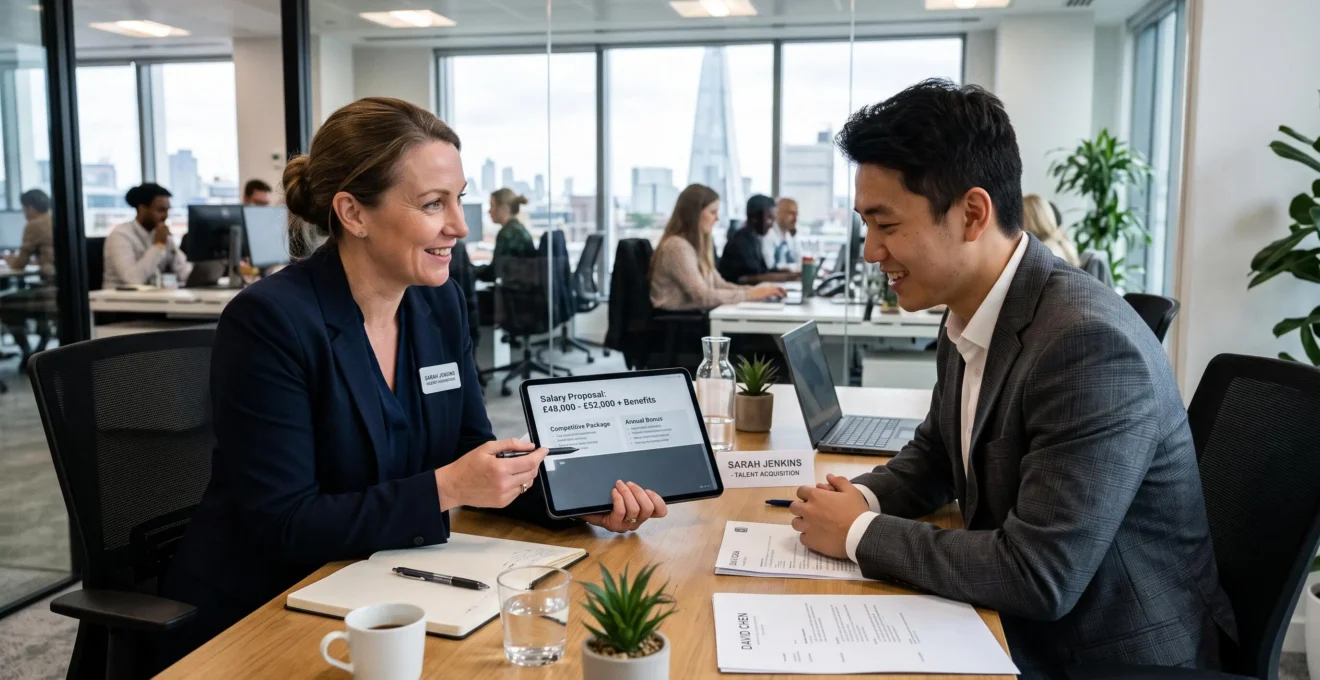 A recruiter presenting salary information to a candidate during an interview in a British office, using a tablet to show calculations
