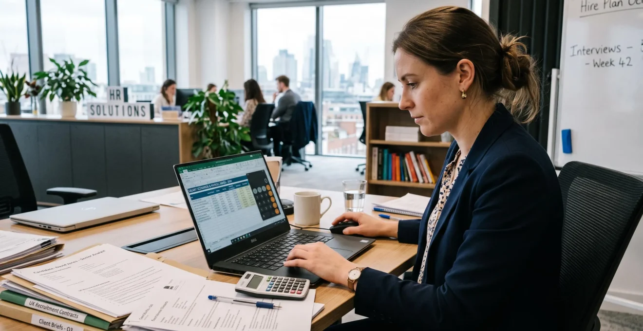 A recruiter in a British office using a payroll calculator on their laptop to prepare salary scenarios, with recruitment documents on the desk