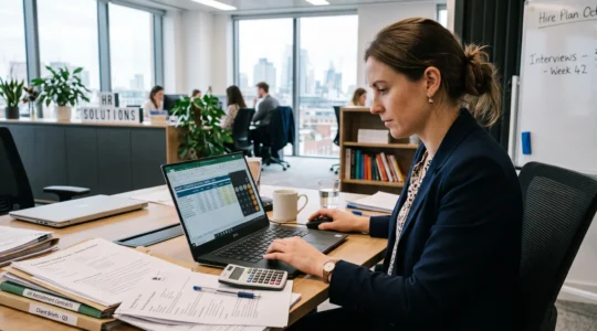 A recruiter in a British office using a payroll calculator on their laptop to prepare salary scenarios, with recruitment documents on the desk